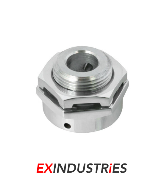 Close-up of a stainless steel threaded nut on a white background, highlighting its smooth surface and precise threading.